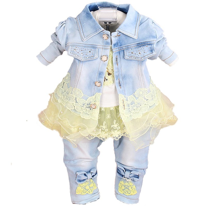YAO Baby Girls Denim Clothing Sets 3 Pieces Sets T Shirt Denim Jacket and Jeans(Yellow,6-12M) - Image 1